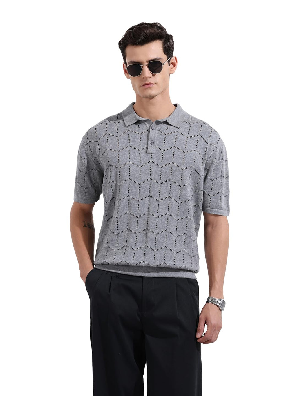 The Indian Garage Co Mens Oversized Fit Textured Half Sleeves Neck Flat Knit Sweater