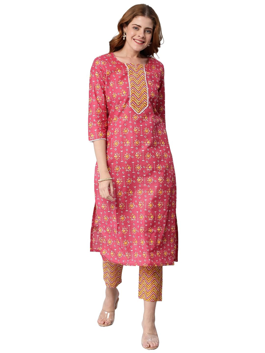 Gosriki Women'S Cotton Blend Traditional Straight Printed Kurta And Pant Set (Mikaa Pink_S-Gs_Pink_Small)