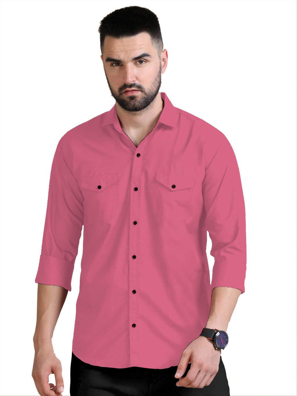 Rebelify MenS Cotton Blend Shirt With Pockets Full Sleeves Collared Neck Solid Pattern Botton Down Closure Relaxed Fit And Stan