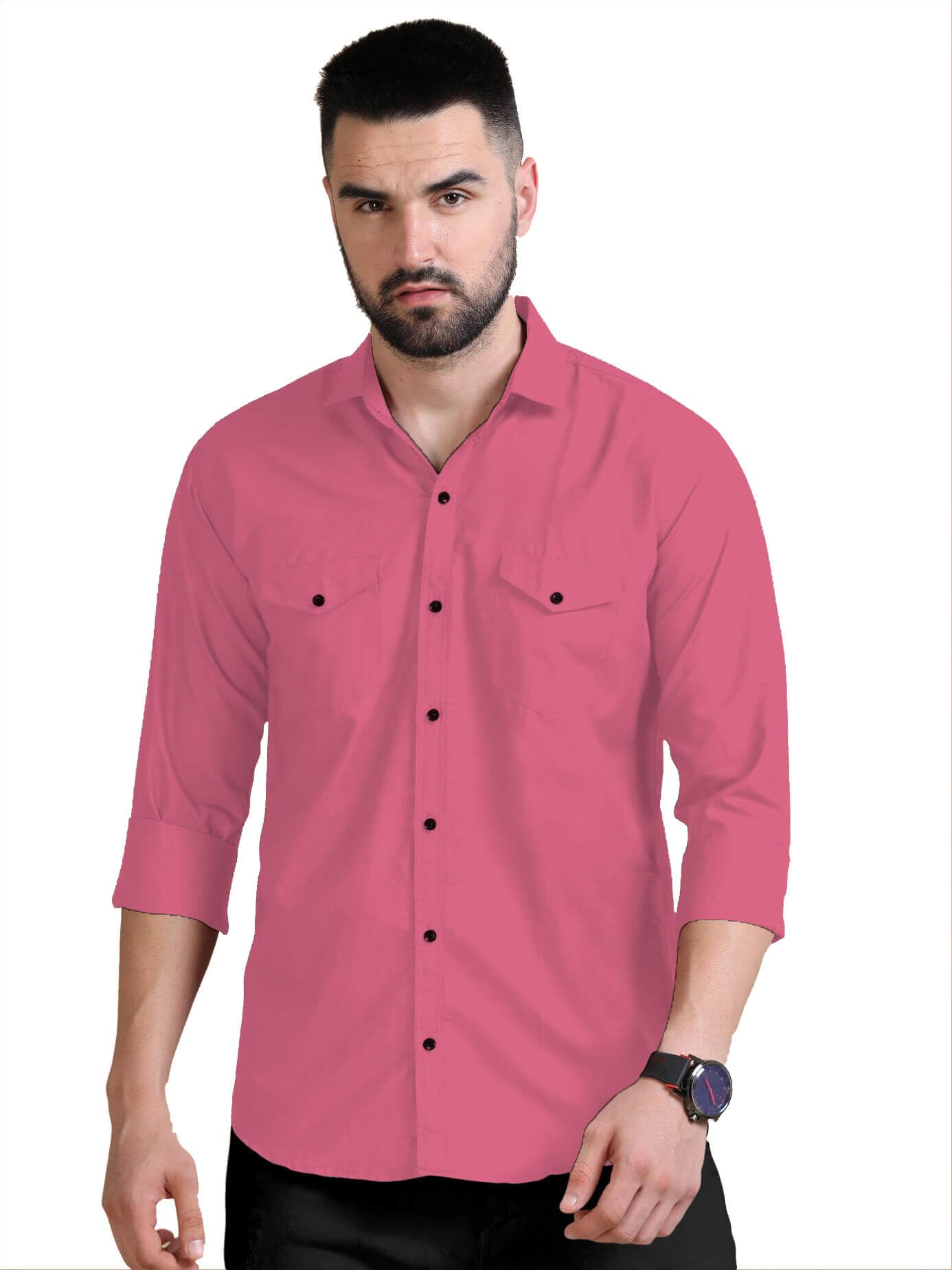 Rebelify MenS Cotton Blend Shirt With Pockets Full Sleeves Collared Neck Solid Pattern Botton Down Closure Relaxed Fit And Stan