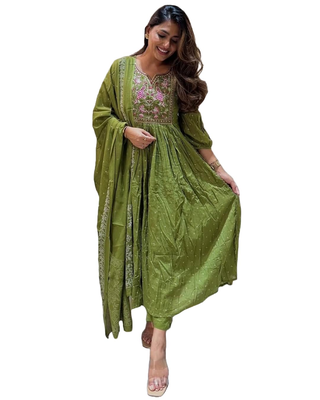 ANNI DESIGNER Womens Rayon Blend Embroidered Anarkali Kurta with Pant & Dupatta (Kanota Green_M_Green_Medium)