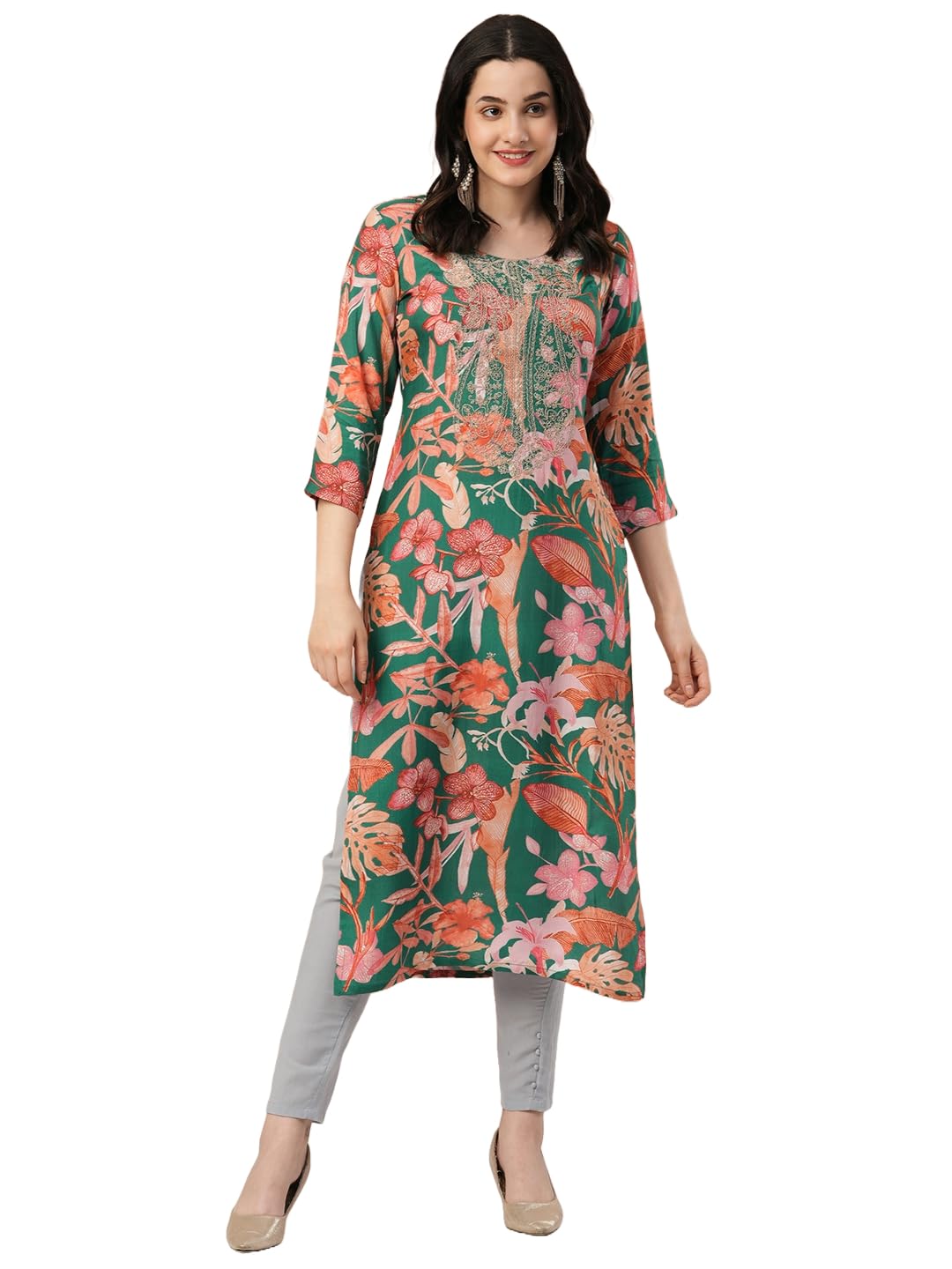 ANNI DESIGNER Womens Rayon Blend Straight Printed Kurta (Tina Green_XXL_Green_XX-Large)