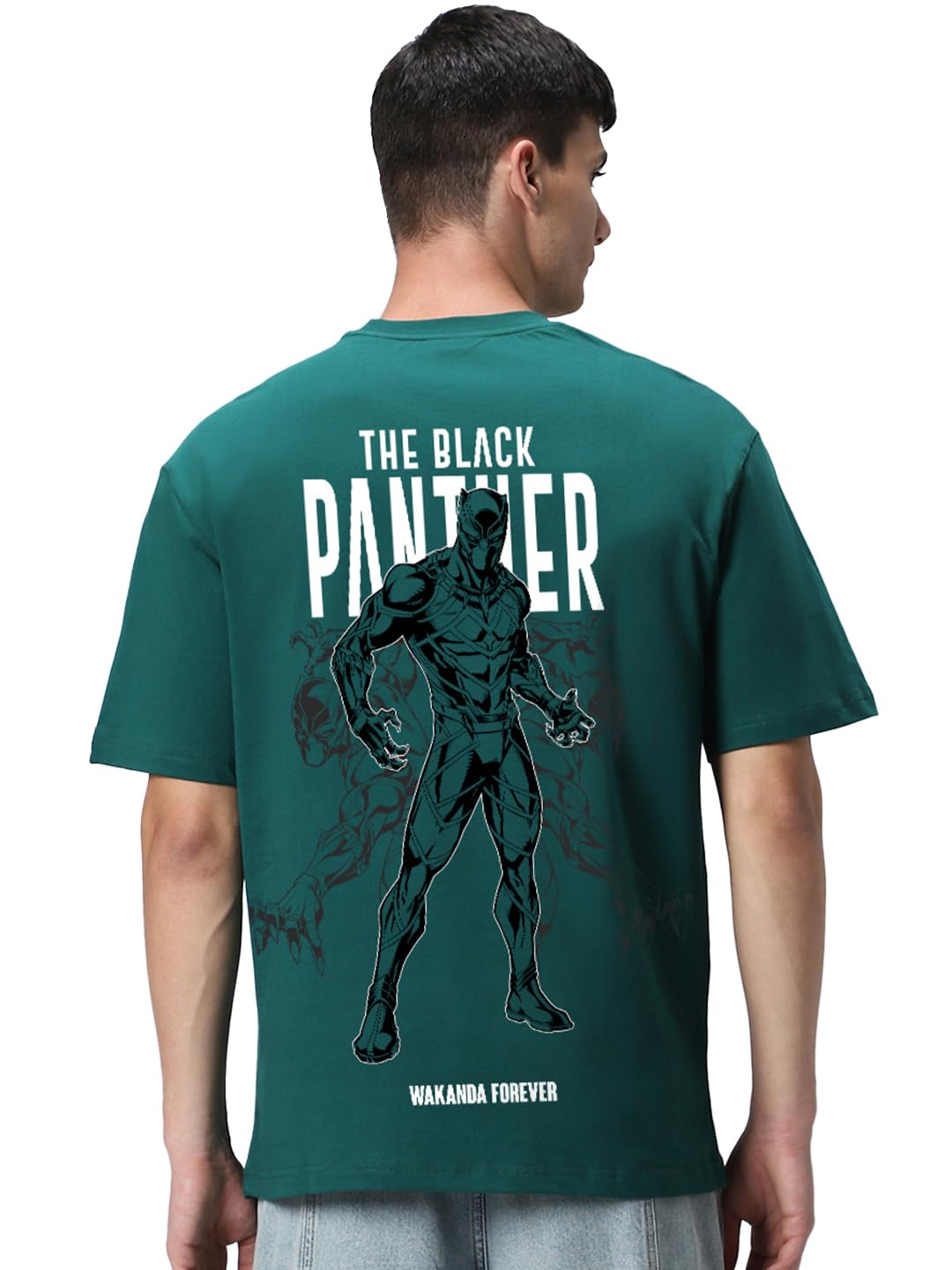 Bewakoof Official Marvel Merchandise Wakanda Forever Mens Graphic Print Oversized Fit Half Sleeve Round Neck Cotton T-Shirt_637