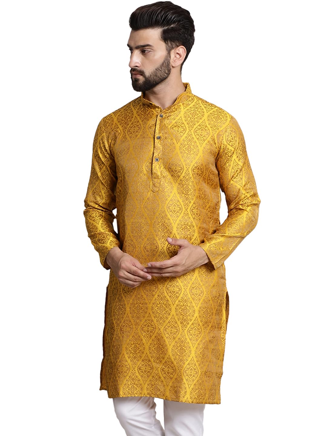 SOJANYA (Since 1958 Mens SilkBlend Mustard Color Self Design only Long Kurta