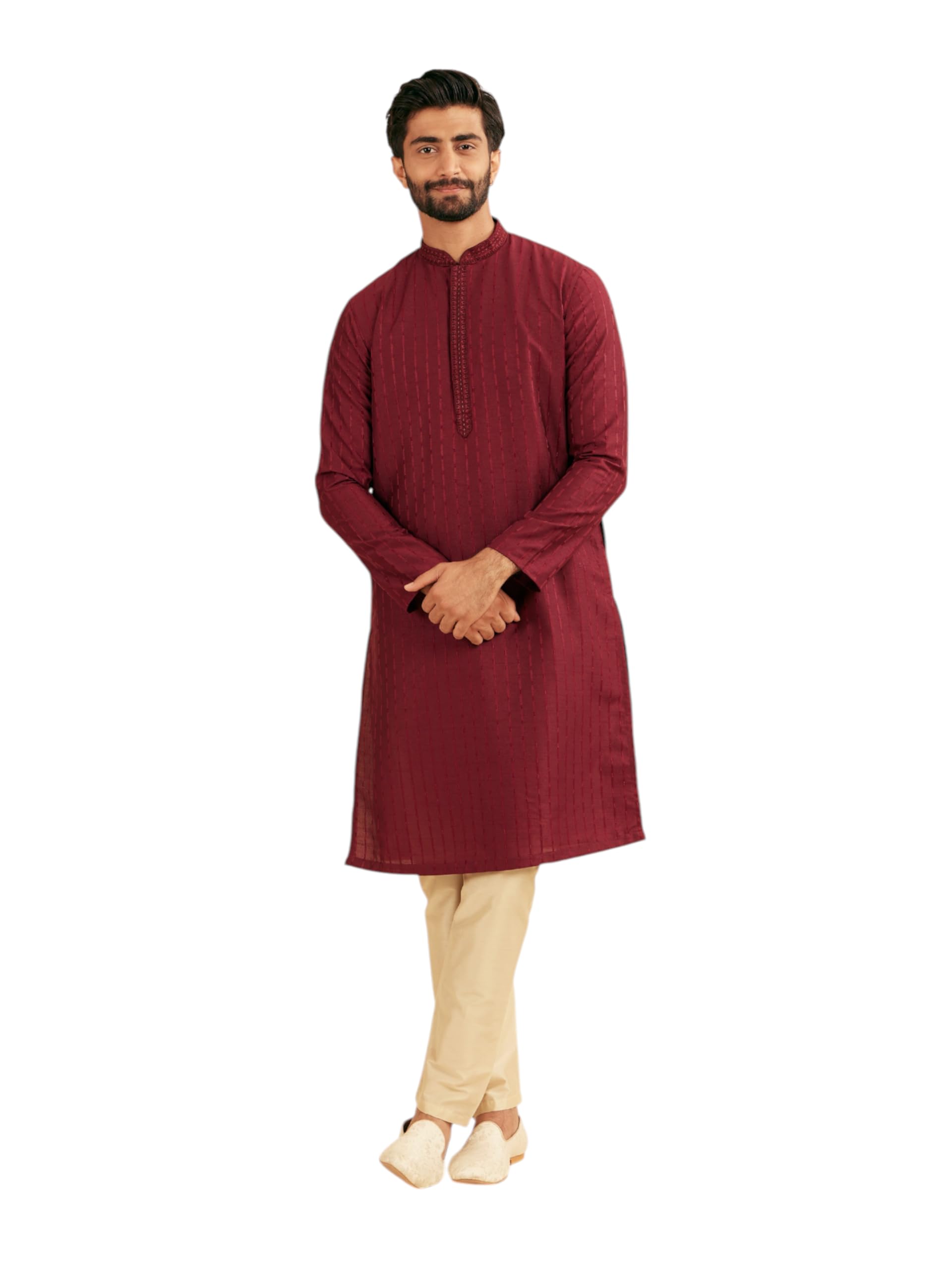 Manyavar Mens Art Silk Embroidered Placket Solid Kurta Set (Maroon,XXXL)