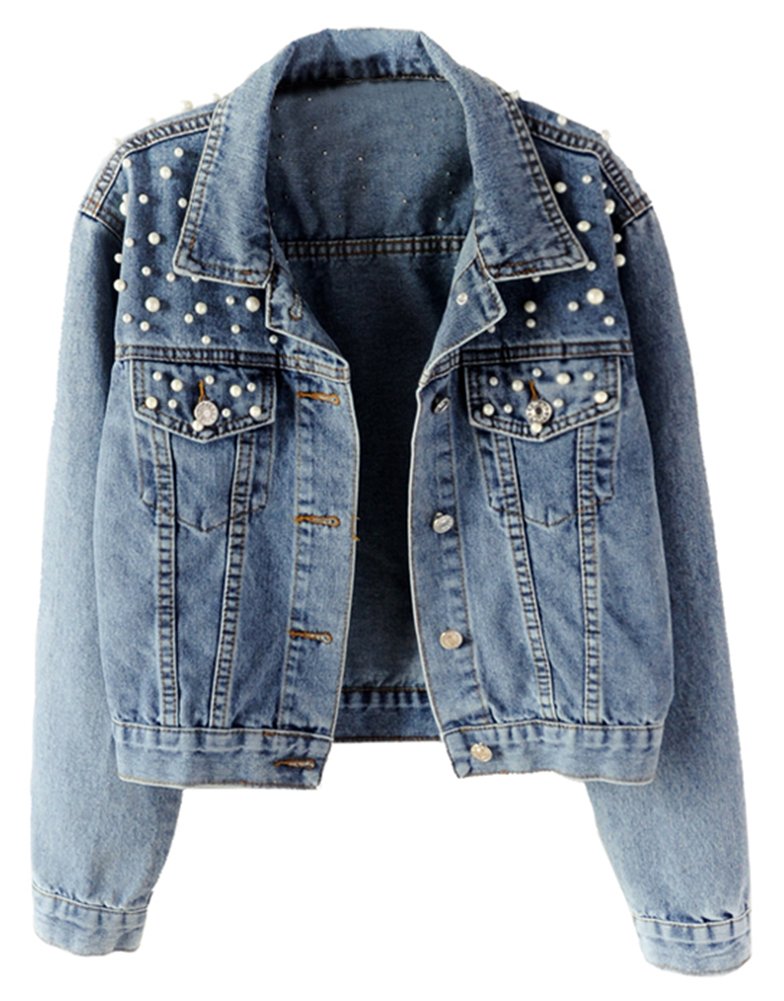 LifeShe Womens Embroidered Pearl Denim Jean Jacket Coat (Blue, XXL) 2
