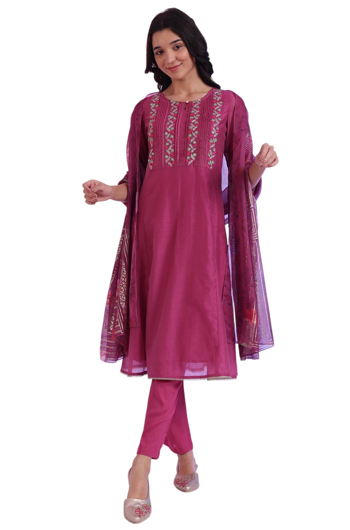 Aurelia Womens Pink Embroidered Cotton Blend Flared Kurta, Pants and Dupatta Set (Size: S)-AS15773-705591
