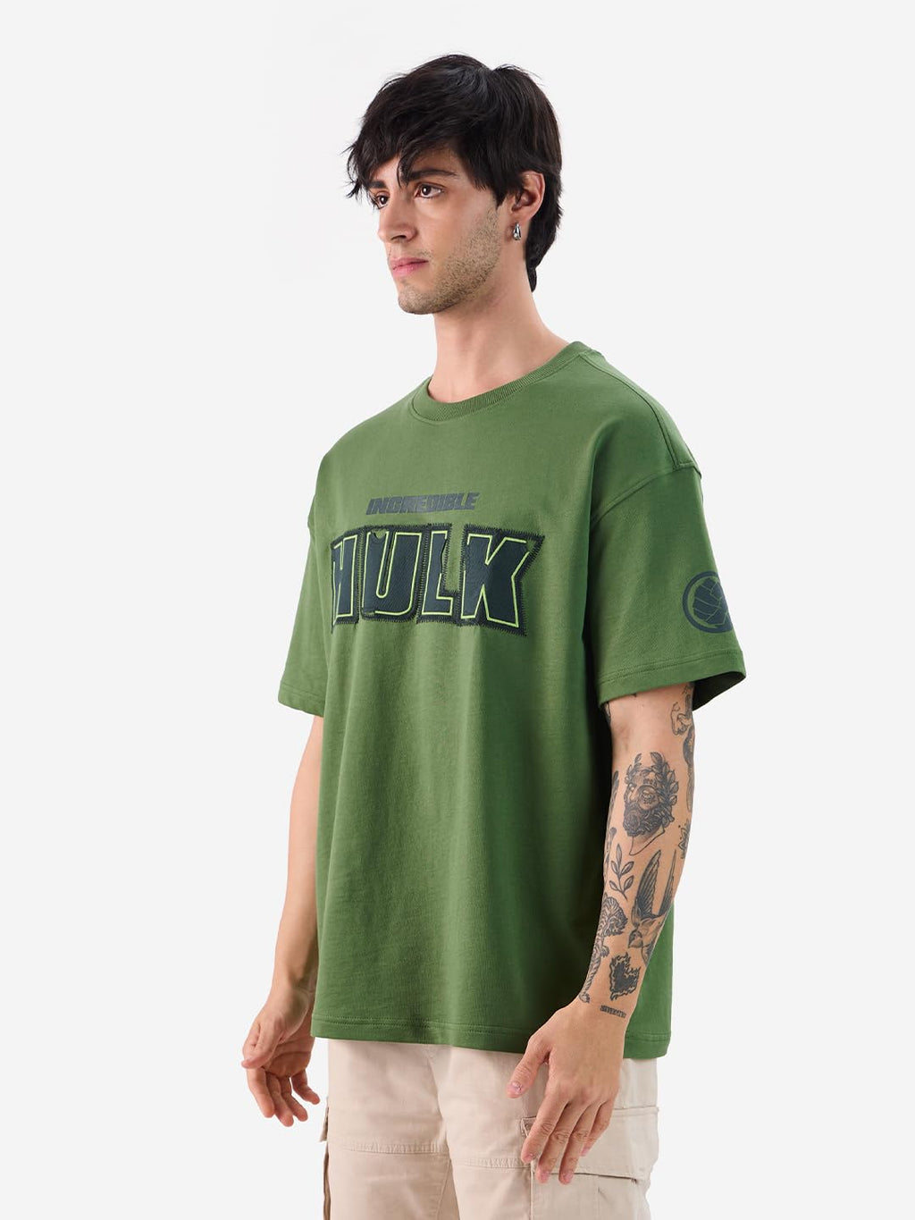 The Souled Store Official Hulk: Gamma Fury Men and Boys Short Sleeves Round Neck Green Graphic Printed Cotton Oversized T-Shirts