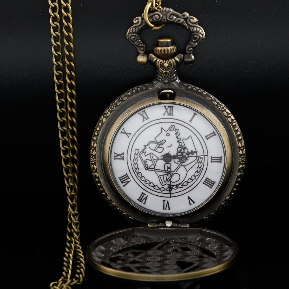Tiong Fullmetal Alchemist Anime Pocket Watch with Chain for Cosplay Pendant Accessories with Gifts Box(Bronze White)
