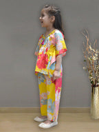 A.T.U.N. (ALL THINGS UBER NICE) Girls Yellow Floral Printed Polysilk Top with Straight Pant Set