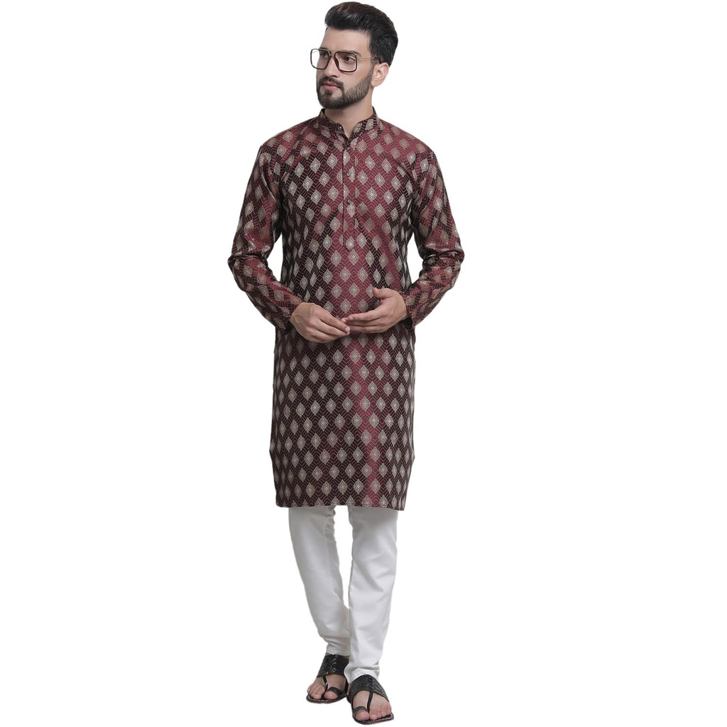 SOJANYA (Since 1958 Mens Silk Blend Booti Jacquard Maroon Kurta & Off-White Churidar Pyjama Set