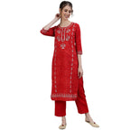 Ishin Women'S Pure Cotton Red Embroidered & Zari Work Straight Kurta Suit Set With Pant Dhkpant-5042_Xxl_Red