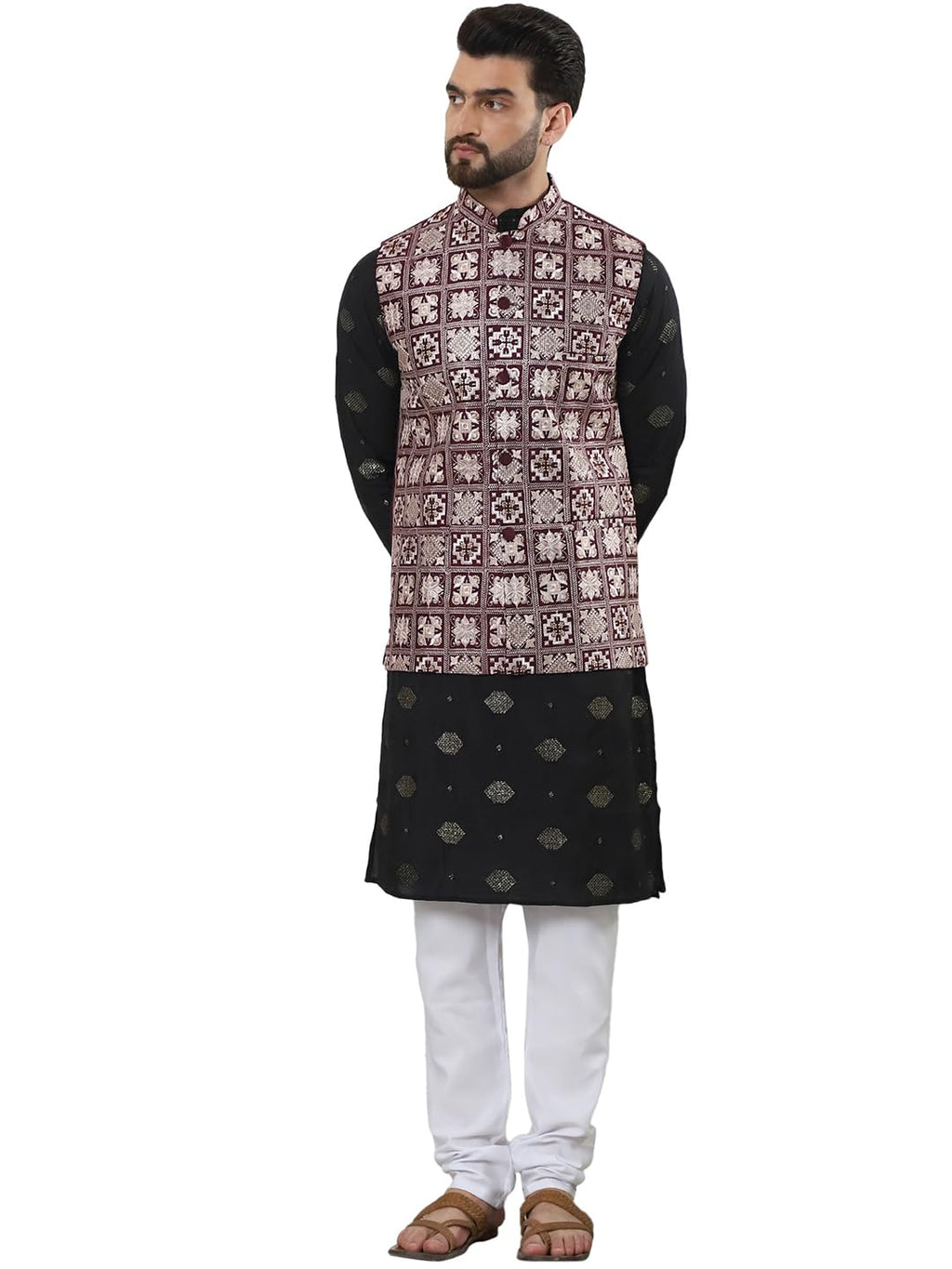 SOJANYA (Since 1958 Mens Cotton Silk Embroidered Black Kurta and White Pyjama with Maroon Nehru Jacket