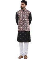 SOJANYA (Since 1958 Mens Cotton Silk Embroidered Black Kurta and White Pyjama with Maroon Nehru Jacket