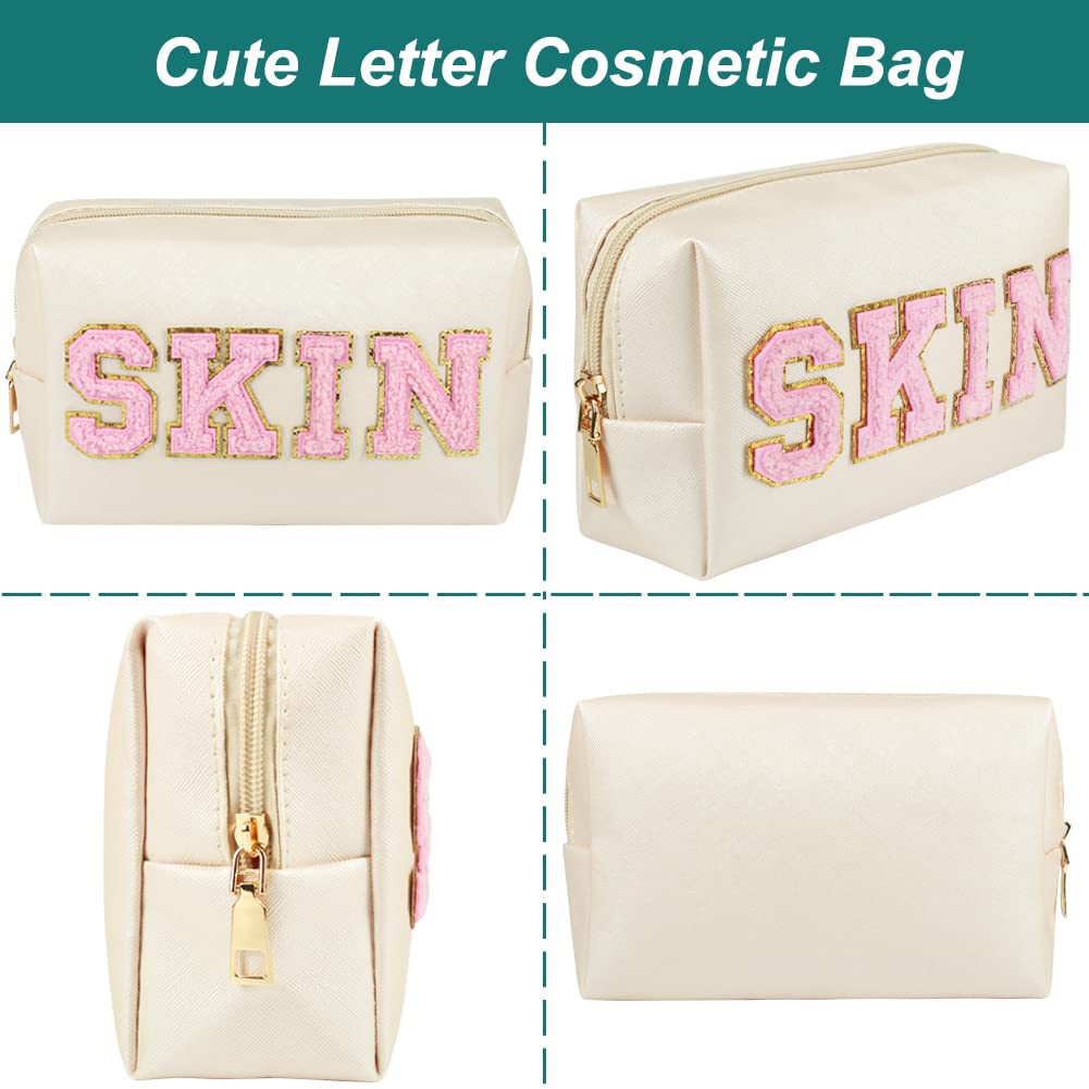 JOINDO Skin Makeup Bag, Skin Care Cosmetic Toiletry Bag, Preppy Makeup bag,Portable Makeup Zipper Pouch Storage Purse, PU Leathe