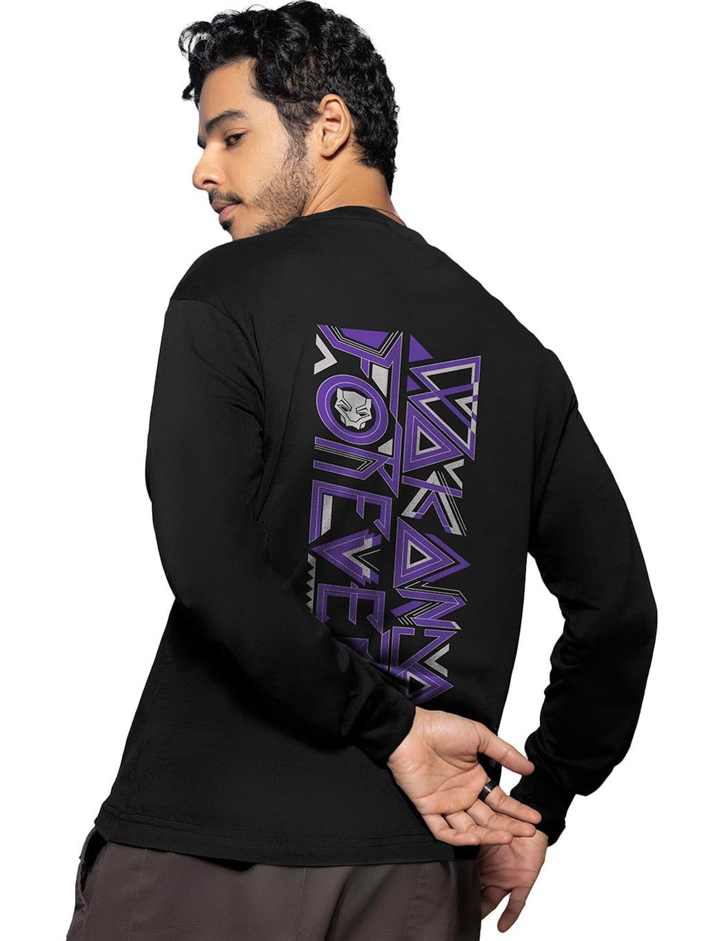 Bewakoof Mens Wakanda Forever 2.0 Graphic Print Black Round Neck Full Sleeve Oversized T-Shirt