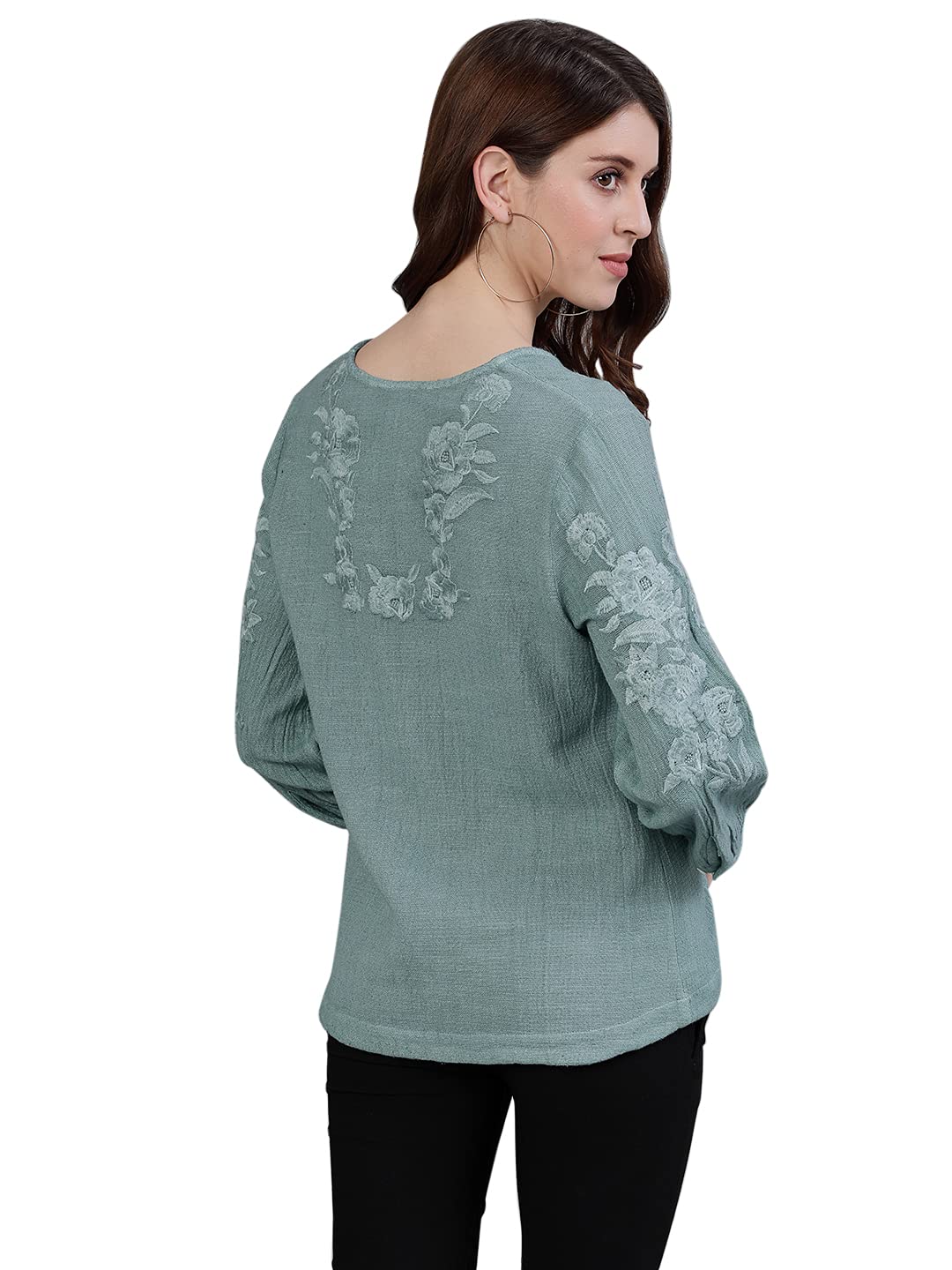 Ishin WomenS Cotton Sea Green Embroidered Top
