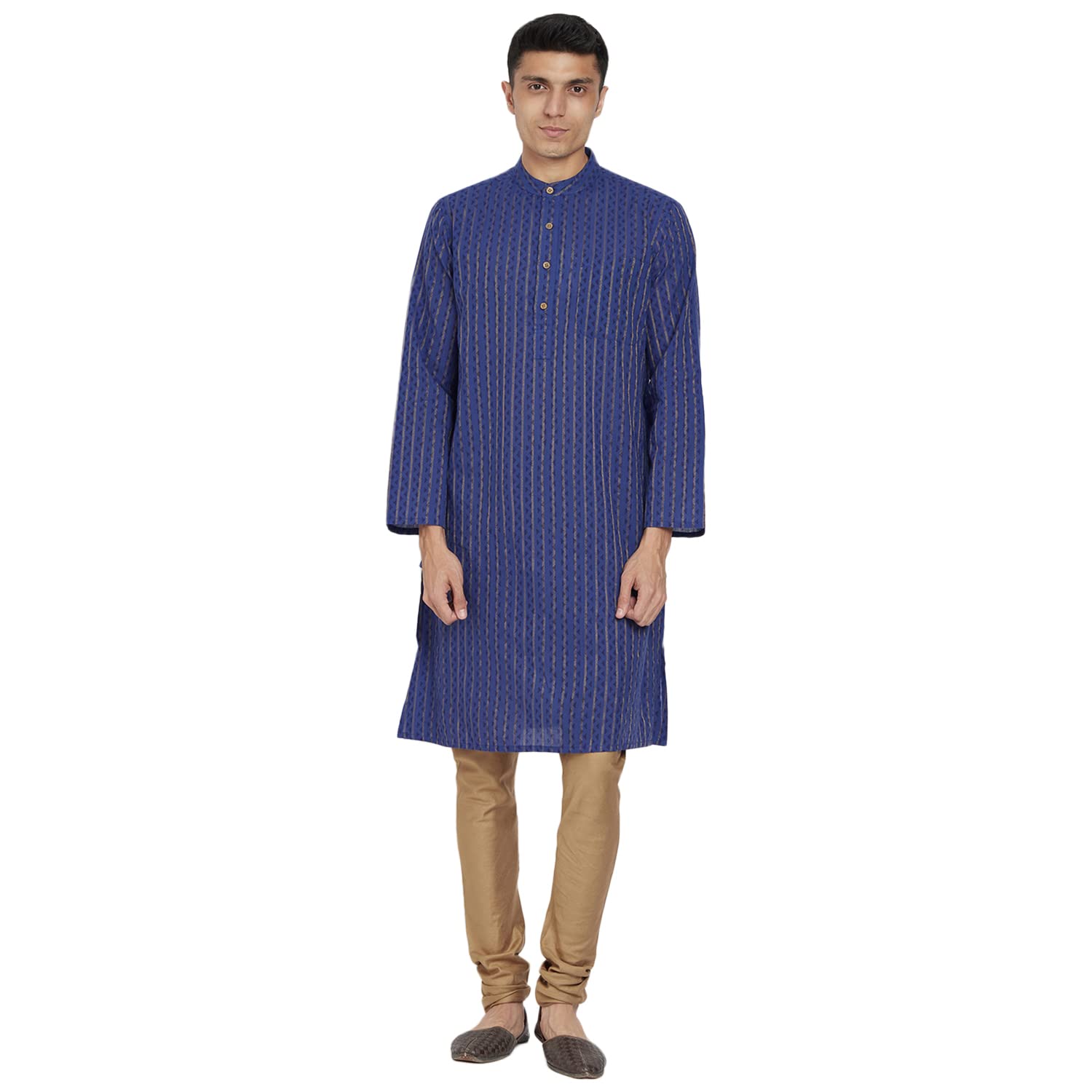 Fabindia Men Striped Slim Long Kurta Cotton_L Dark Blue