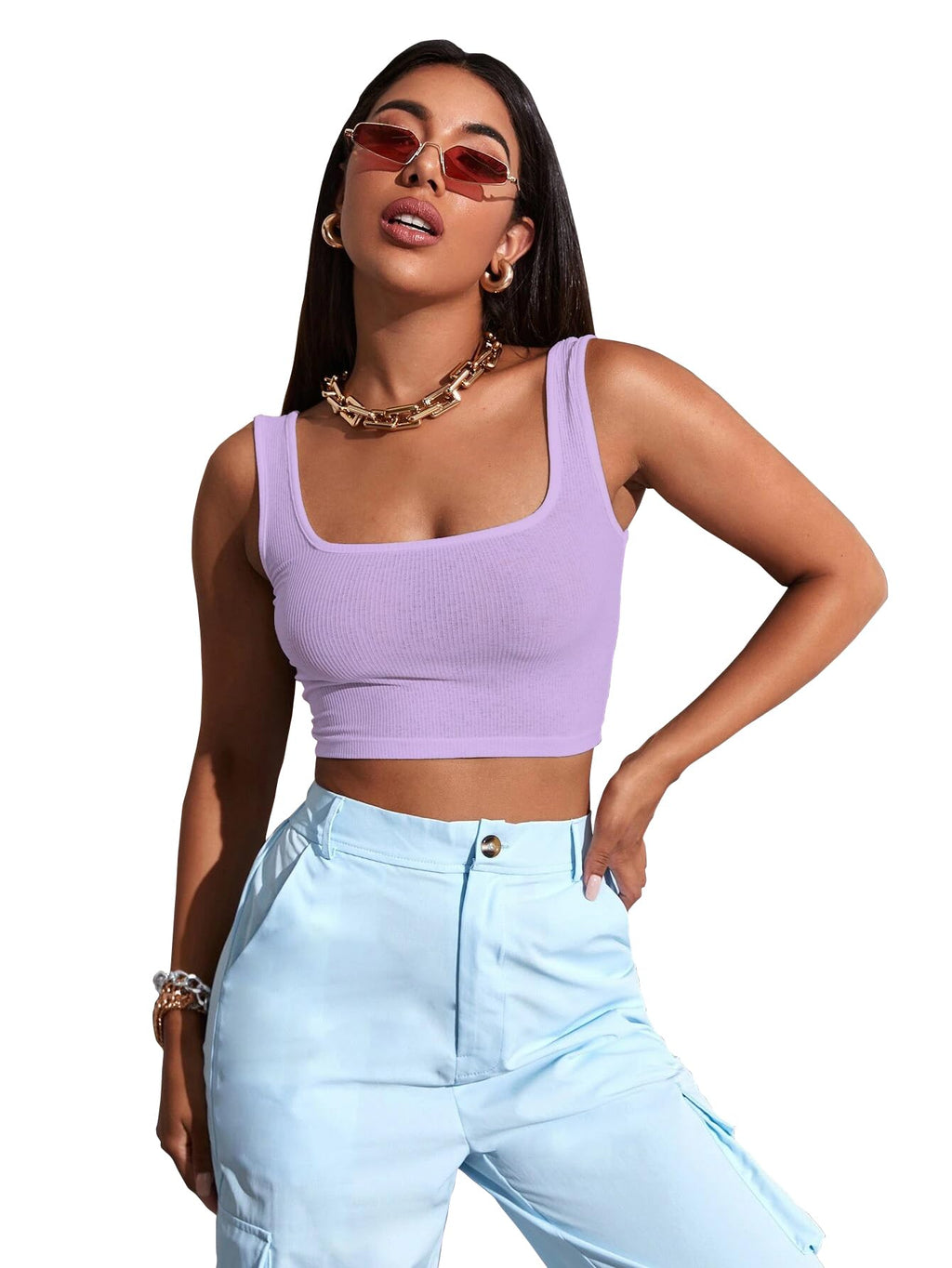 Sugathari Womens & Girls Solid Ribbed Boat Neck Sleeveless Crop Tops for Women (Top 36 Light Purple XS)