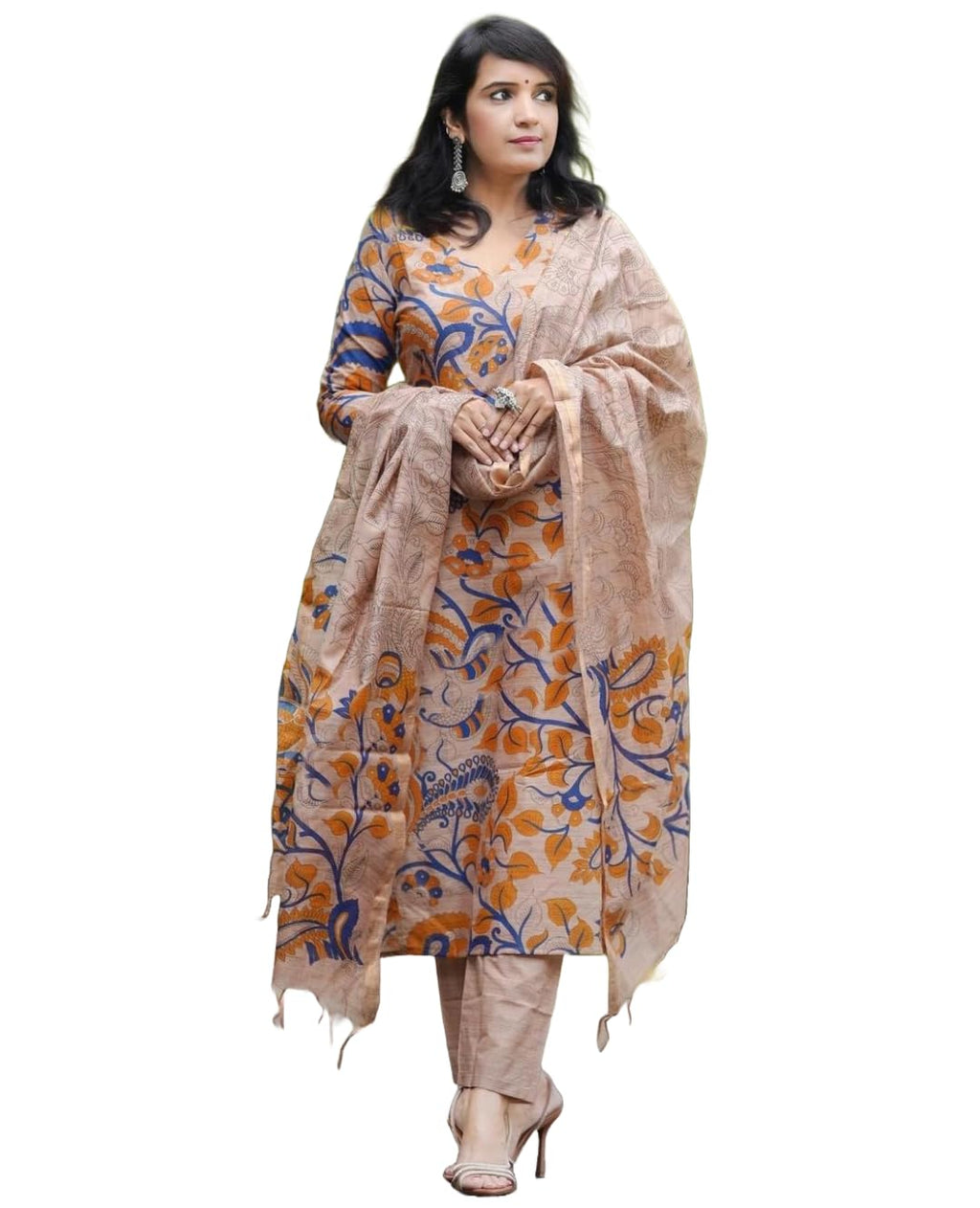 ANNI DESIGNER Womens Cotton Blend Printed Straight Kurta with Pant & Dupatta (Kalam Chiku-JL_XL_Beige_X-Large)