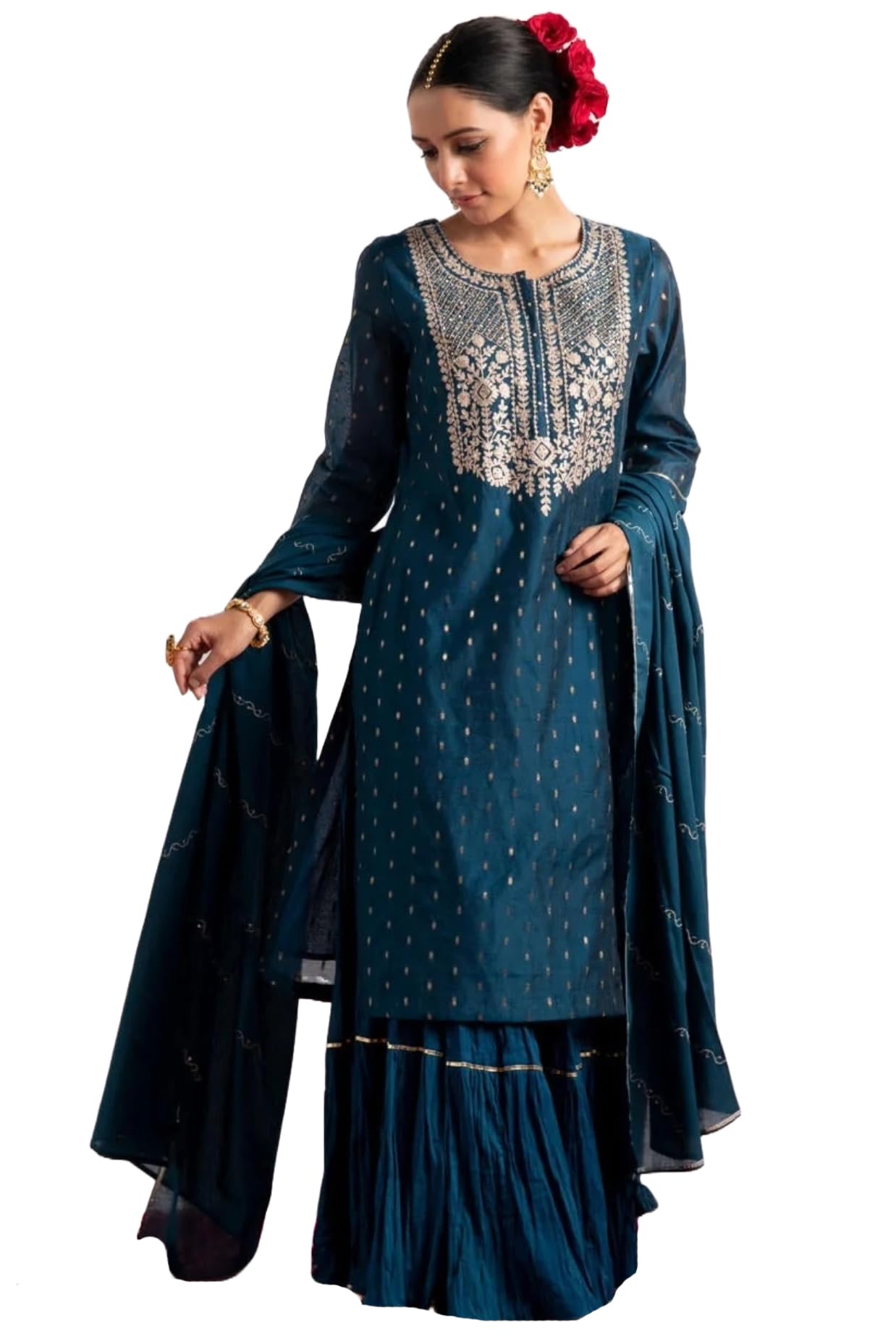 Anni Designer WomenS Rayon Blend Straight Embroidered Kurta With Sharara & Dupatta (Naras Kerosin_Xxl_Dark Blue_Xx-Large)
