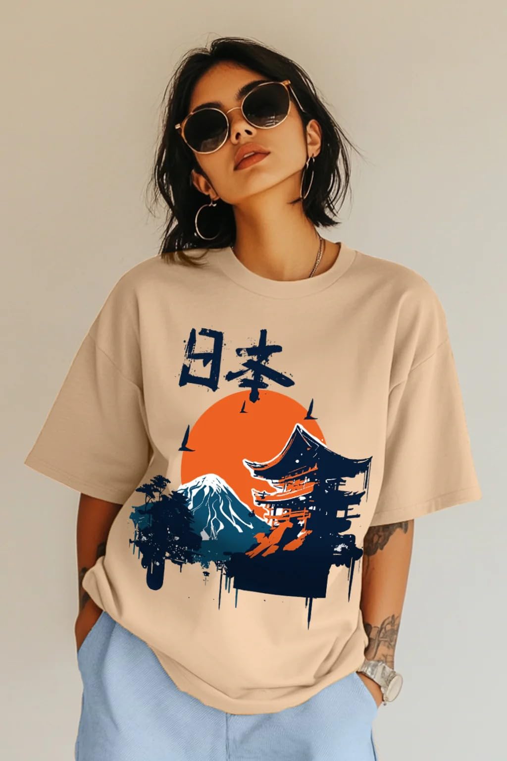 Juneberry Pure Cotton Drop Shoulder Oversized Baggy Fit Cool Nature Front Graphic Printed Beige Half Sleeve T-Shirt For Women &