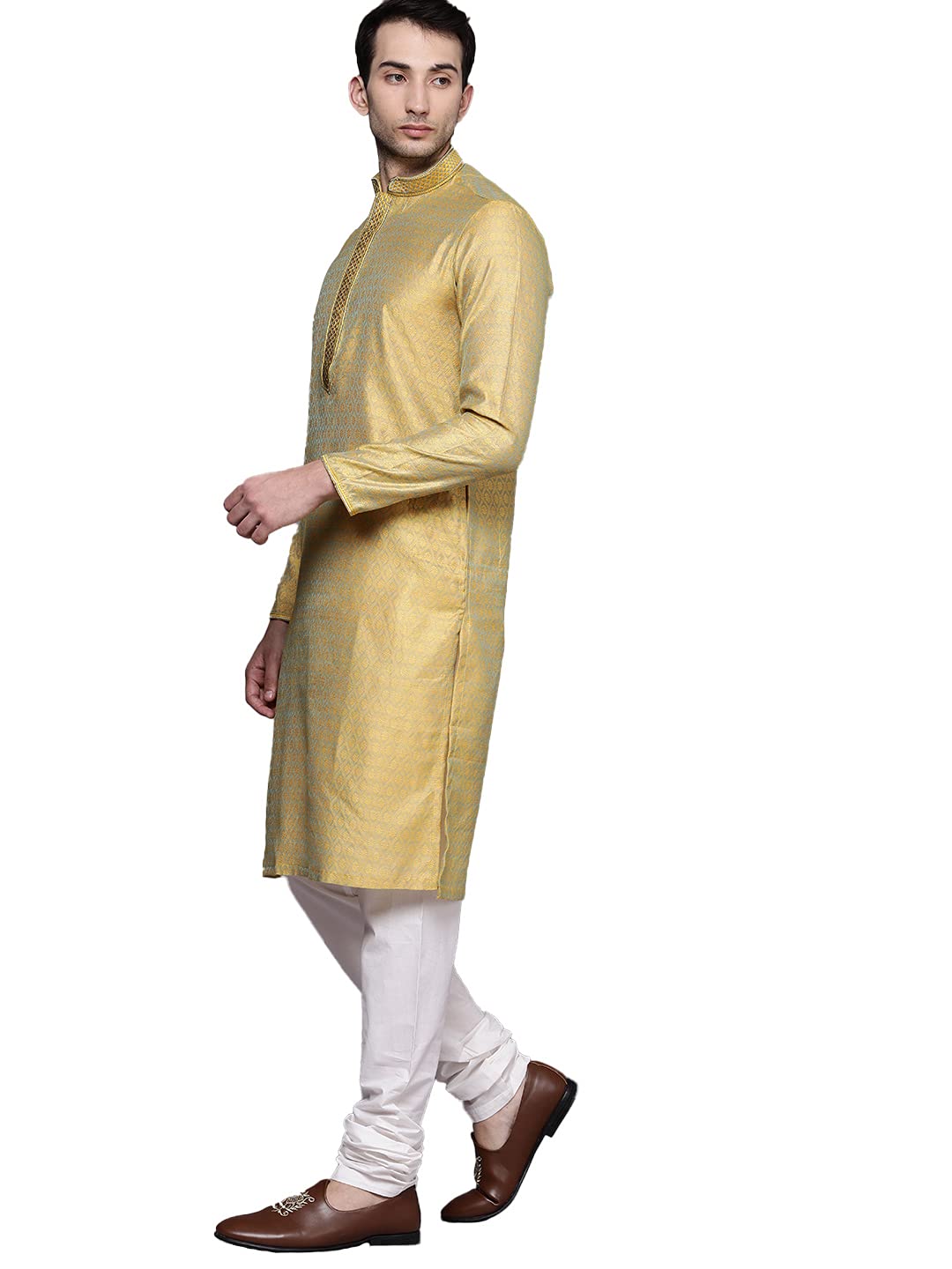 Manyavar Jacquard Print Knee Long Kurta and Churidar Set for Men