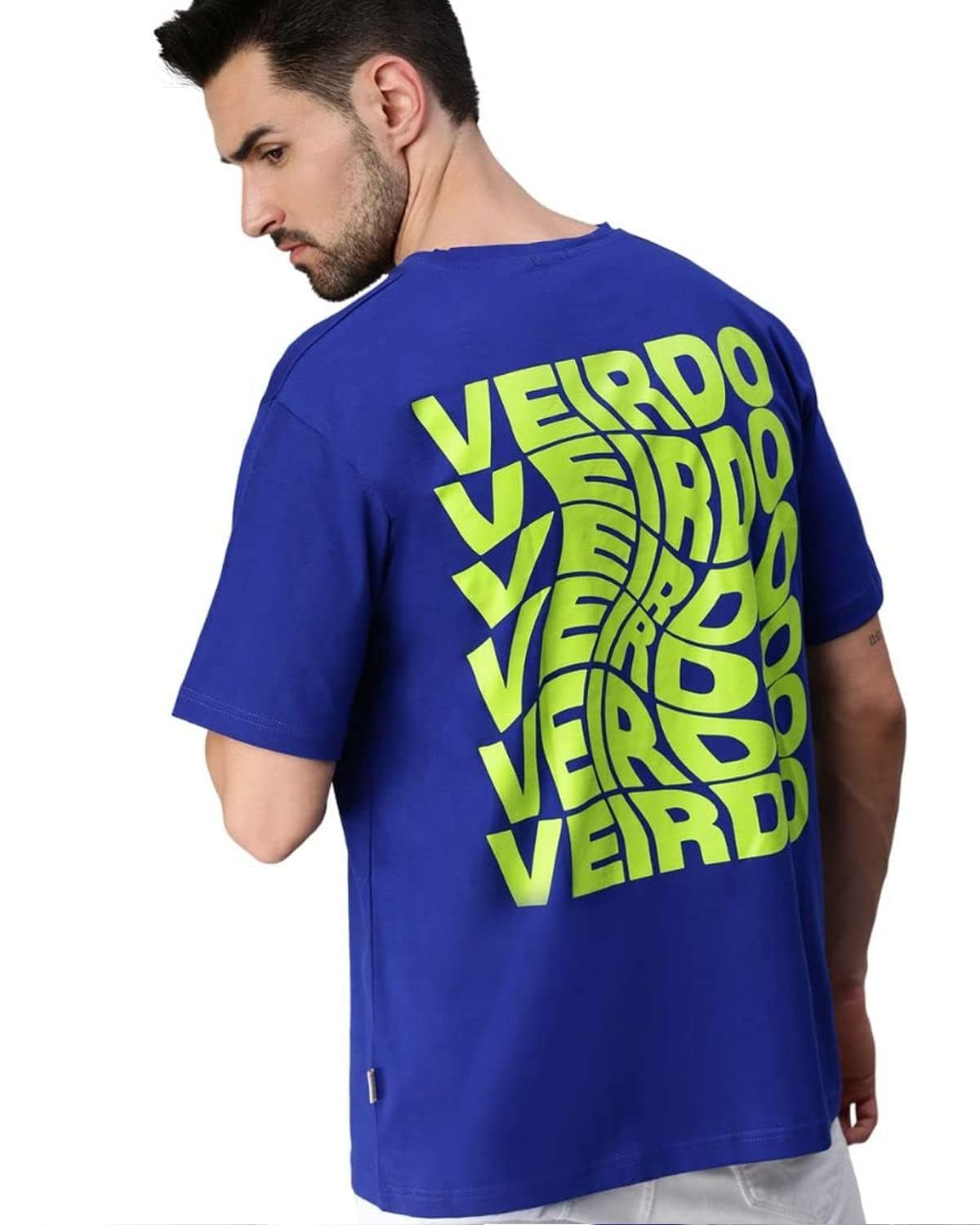 Veirdo Men's Oversized Cotton Graphic Print Round Neck T-Shirt with Back Print