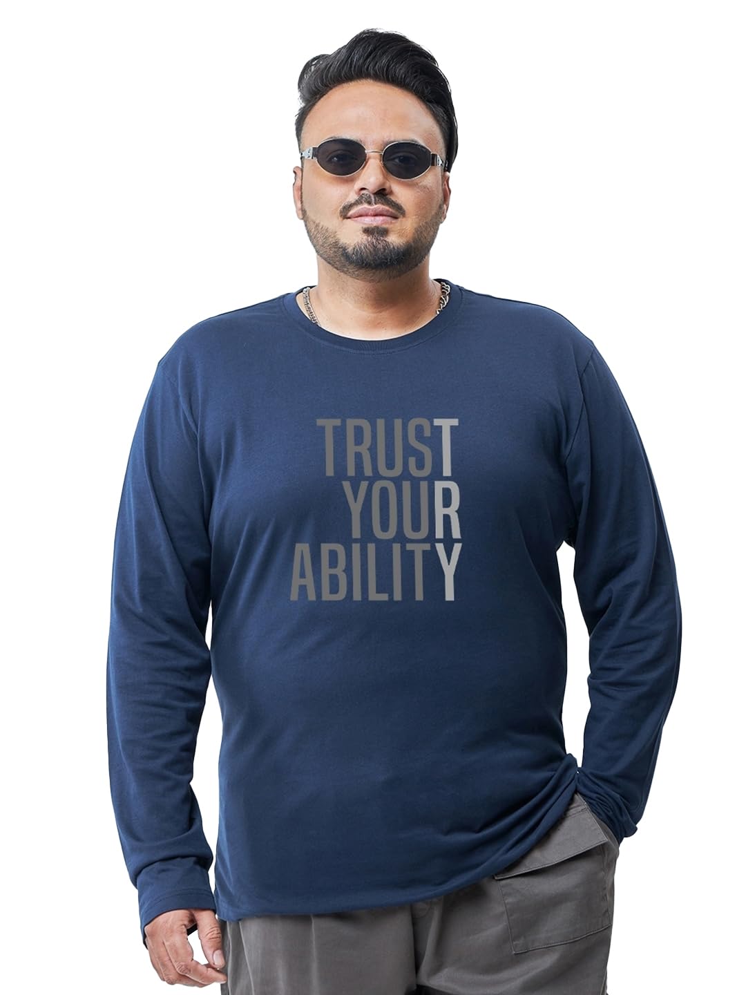 Bewakoof Mens Typography Regular Fit Full Sleeve Round Neck Cotton Plus Size T-Shirt_625669_Blue_6XL