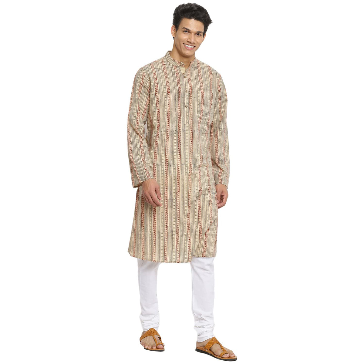 Fabindia Men Collar Cotton Printed Long Kurta Chinese_L Beige