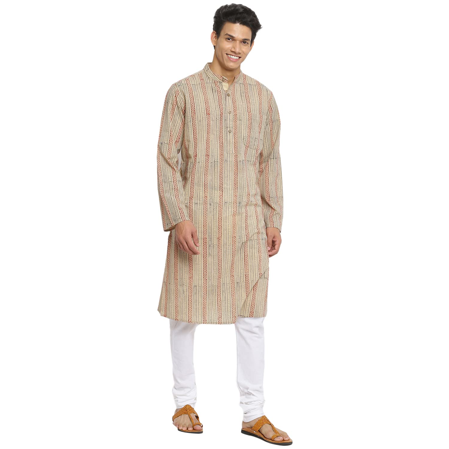 Fabindia Men Collar Cotton Printed Long Slim Fit Kurta Chinese_M Beige