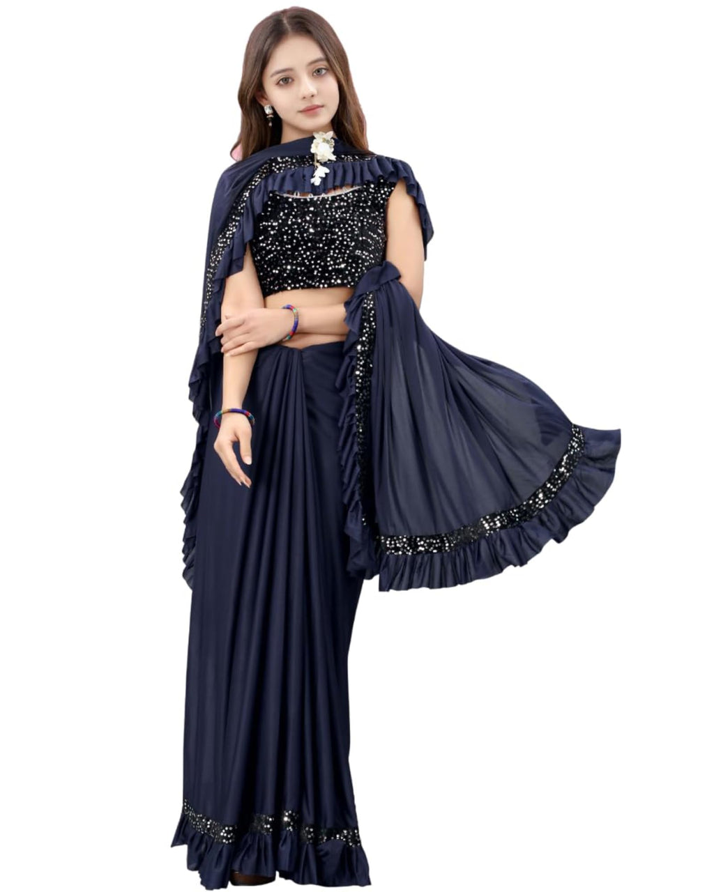 Dhyey Fashion Fashionable Baby Girls Lycra Blend Saree With Velvet Unstitched Blouse Piece | Readymade Saree For Girls | Sarees 
