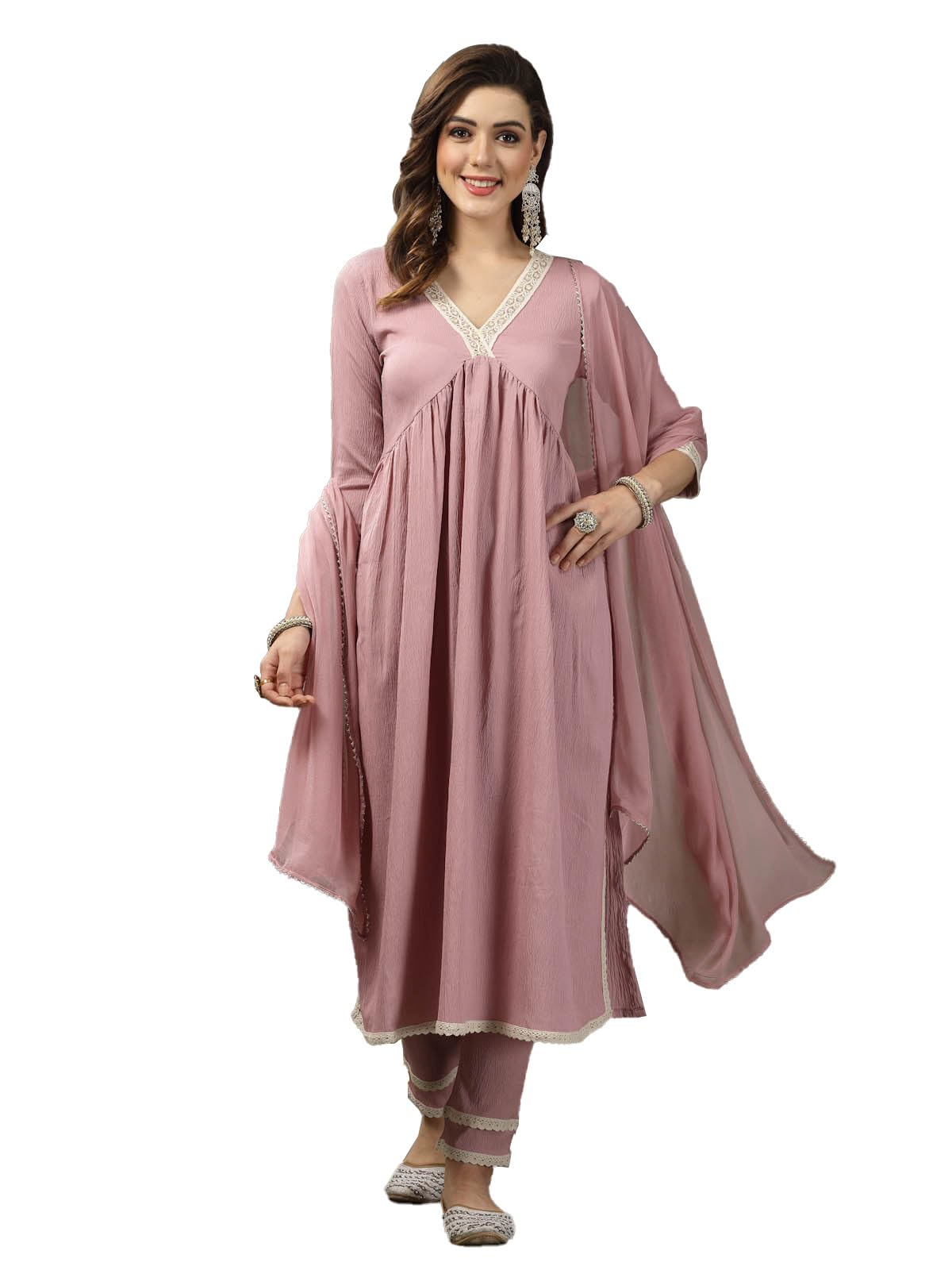 Stylum Womens Solid Crepe Naira cut Kurta Pant Dupatta Set (KPDJANVIBLUSH38_Blush, M)