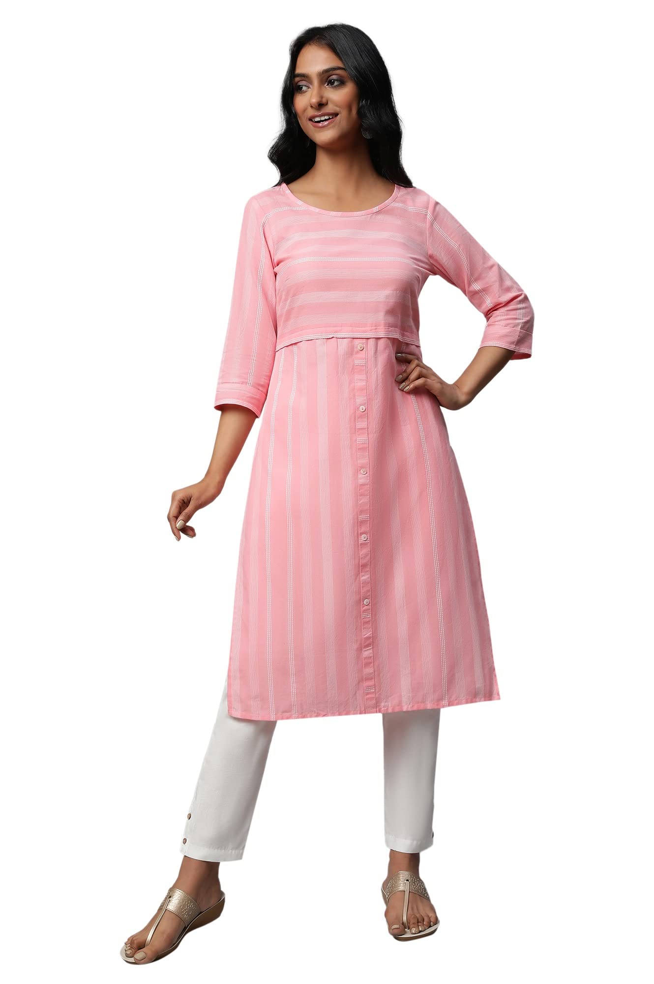 Pink Stripe Print Cotton Kurta Set