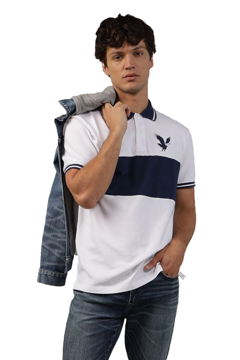 American Eagle Men White Colorblock Logo Flex Pique Polo Shirt 2