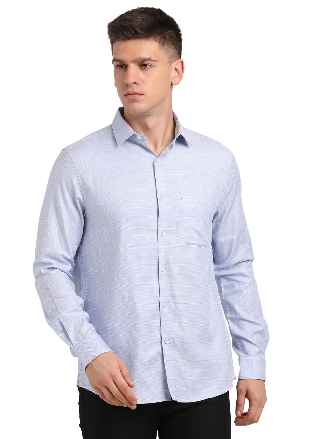 Turtle Men Pure Cotton Slim Fit Checkered Full Sleeve Light Blue Formal Shirt