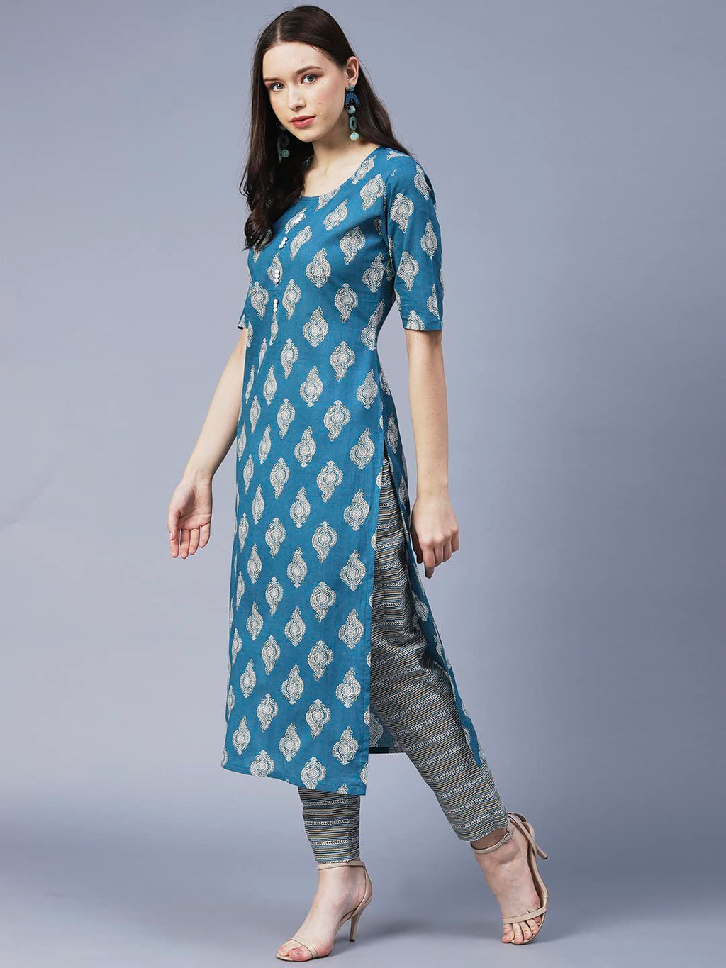 ANNI DESIGNER Womens Cotton Blend Printed Straight Kurta with Pant (SHAGUN-Blue_S_Blue_Small)
