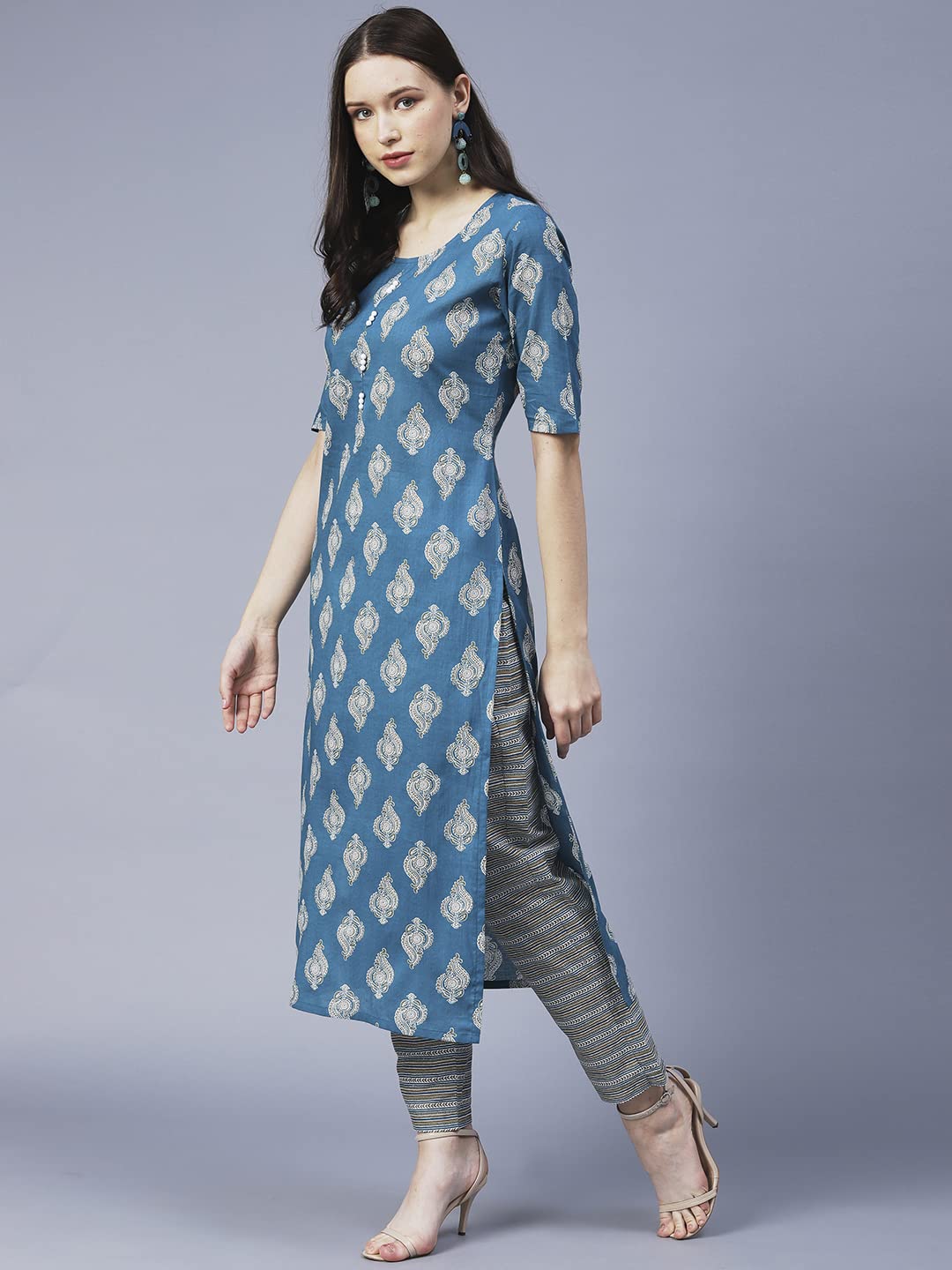 ANNI DESIGNER Womens Cotton Blend Printed Straight Kurta with Pant (SHAGUN-Blue_S_Blue_Small)
