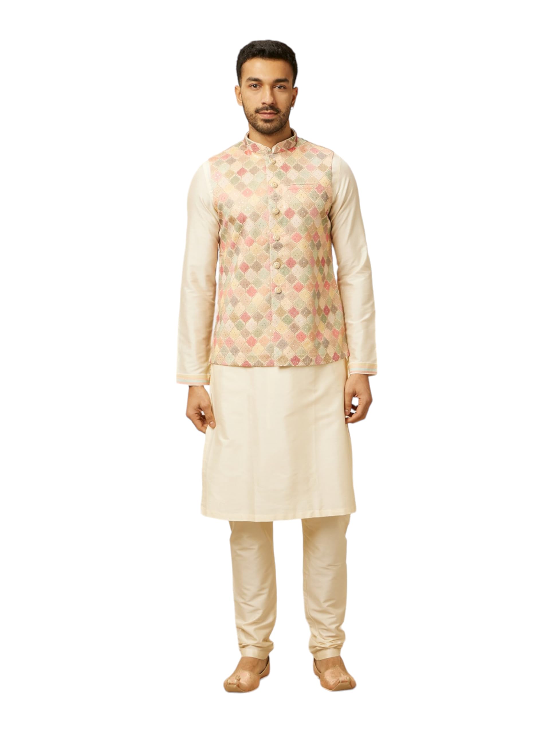 Manyavar Cream Georgette Embroidery |Sequin Work Kurta Jacket Set