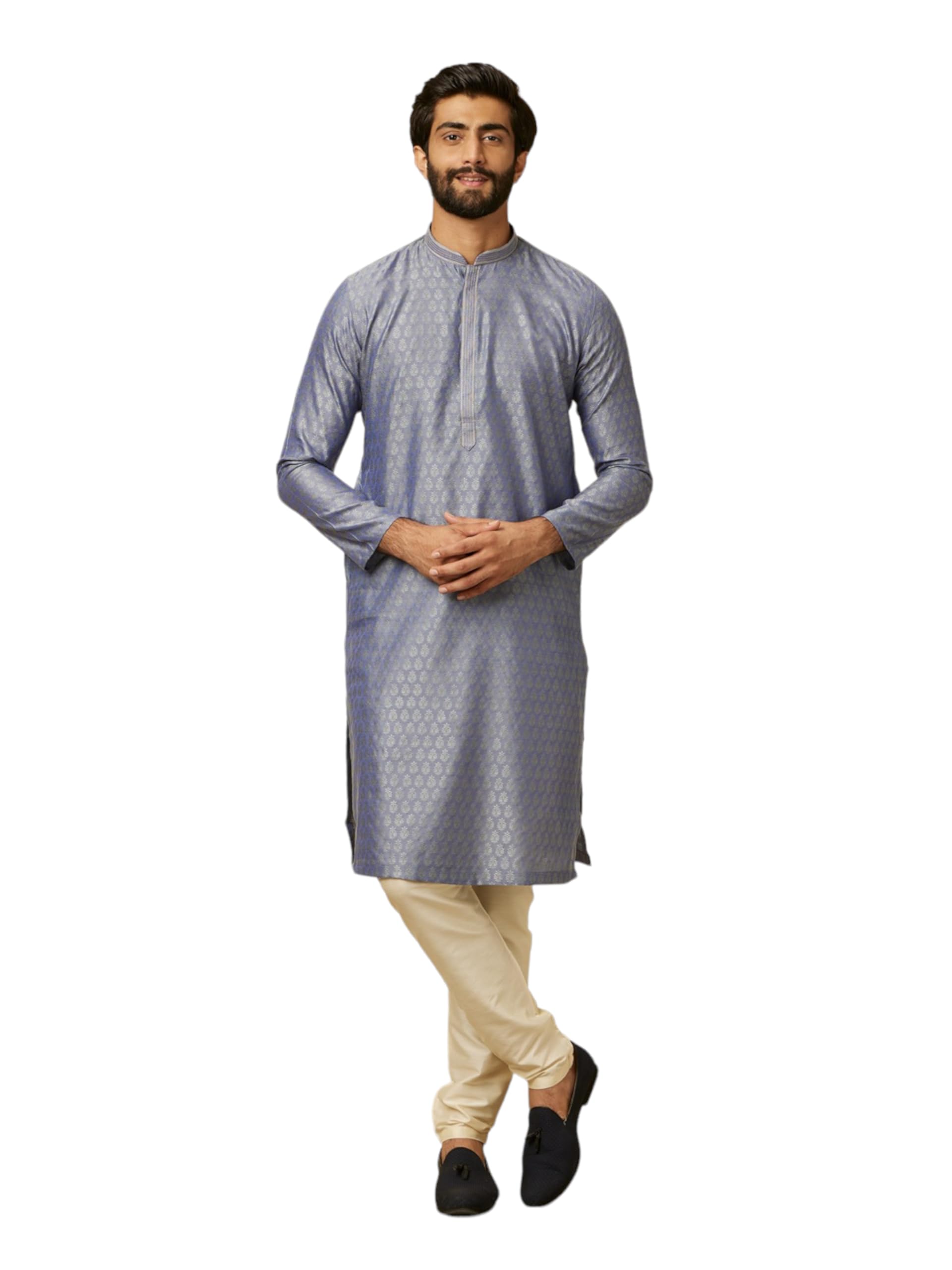 Manyavar Blue Blended Viscose Embroidery Kurta Pyjama Set