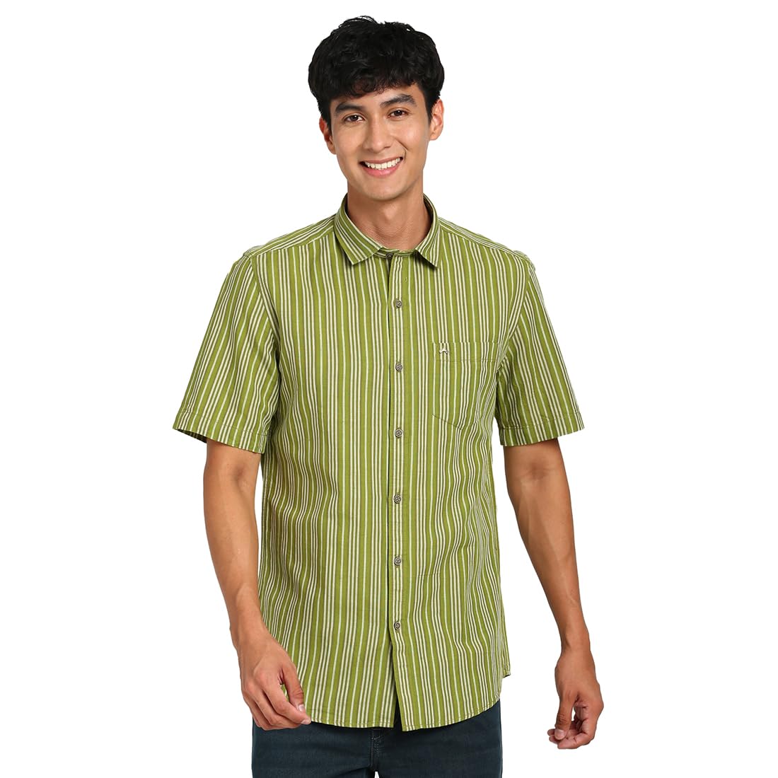 Turtle Men Cotton Linen Slim Fit Green Stripe Casual Shirt