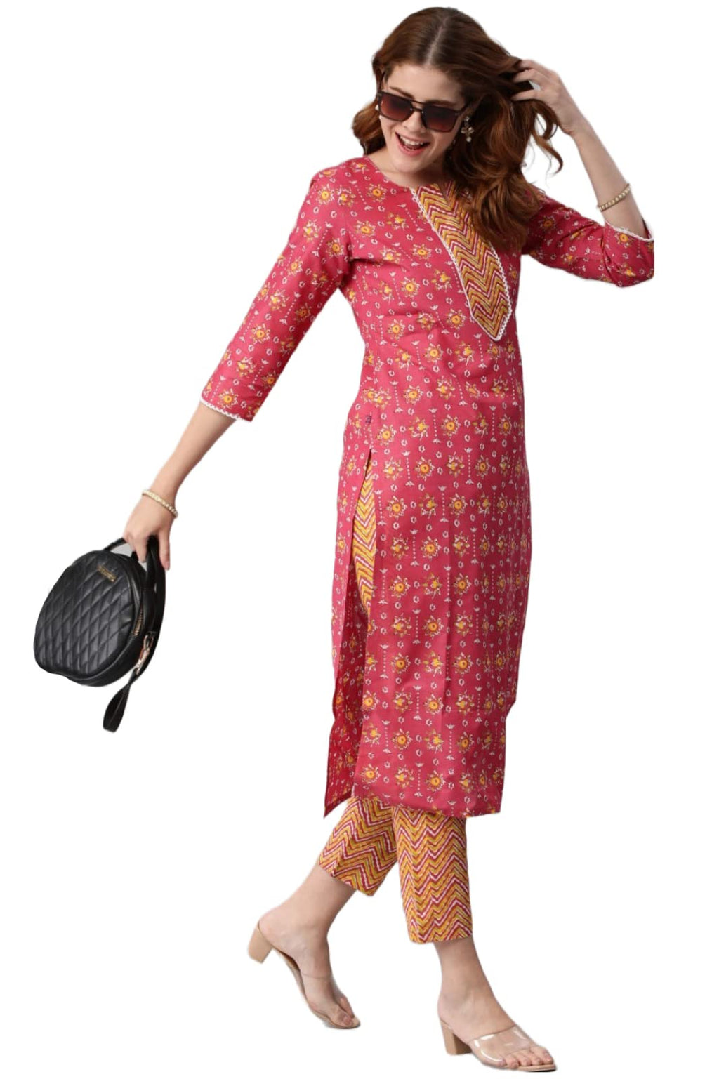 ANNI DESIGNER Women's Cotton Blend Traditional Straight Printed Kurta and Pant Set (Mikaa Pink-Nw_XL_Pink_X-Large)