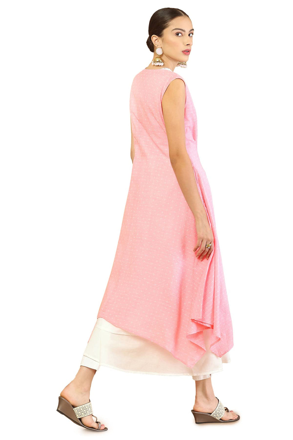Pink Cotton Layered Jacket Style Kurta