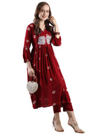ANNI DESIGNER Women s Anarkali Printed Rayon Blend Kurta with Pants, Burgundy, Medium