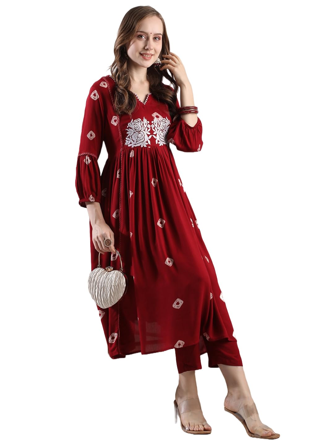 ANNI DESIGNER Women s Anarkali Printed Rayon Blend Kurta with Pants, Burgundy, Medium