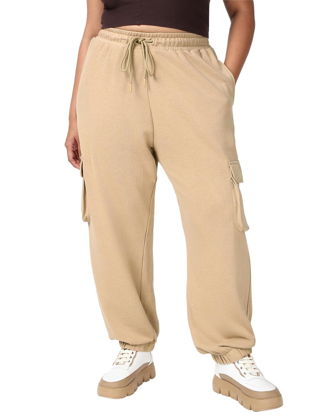 Bewakoof Air 1.0 WomenS Solid Oversized Fit Terry Plus Size Joggers_646954_Brown_6Xl