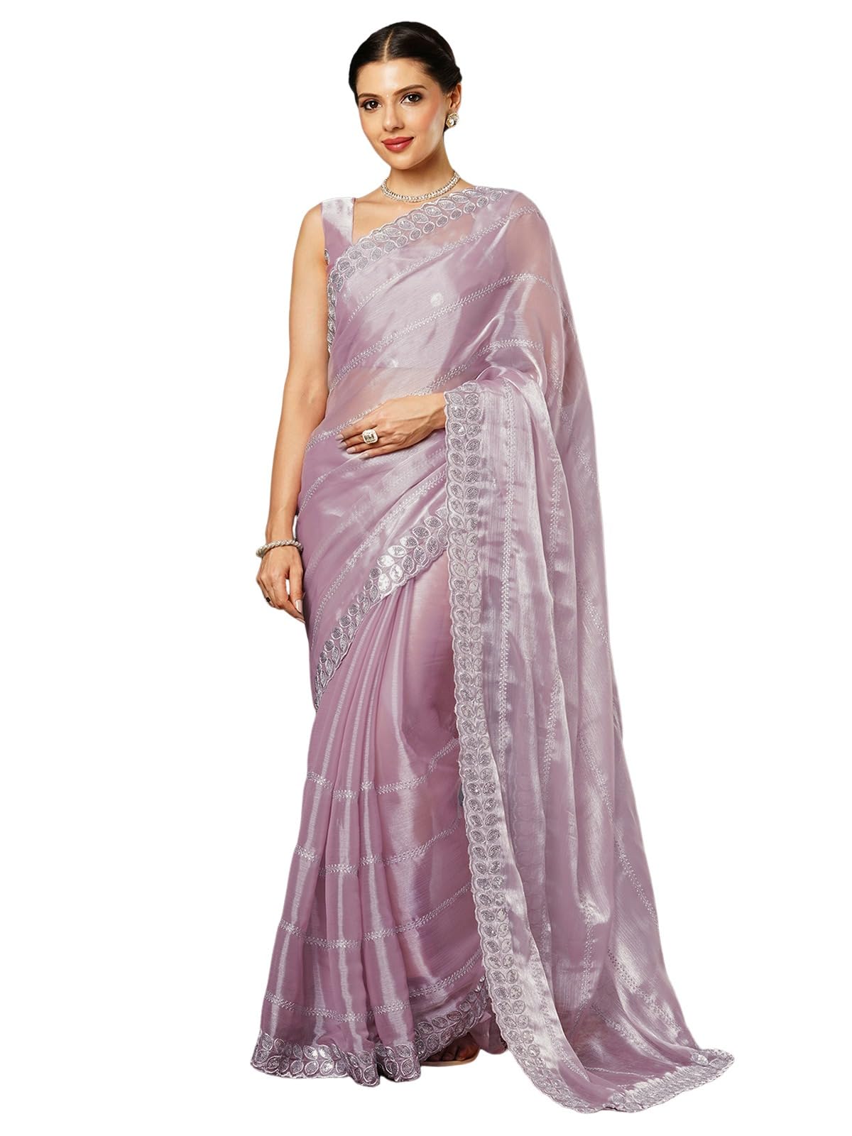 Satrani Womens Tissue Silk Sequence Embroidery Scalloped Border Saree with Unstitched Blouse Piece (3900S134N_Light Pink & Silv