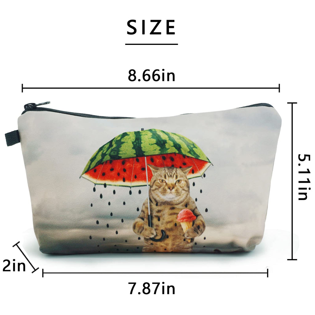 Cosmetic Bags for Women Small Funny Cat Holding Watermelon Umbrella Ice Cream Makeup Bag for Purse Travel Toiletry Bag Accessori