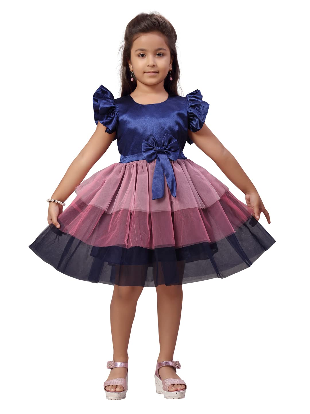 Aarika Girls Nylon Skater Knee-Length Dress (FK-30131_Navy Blue_26)