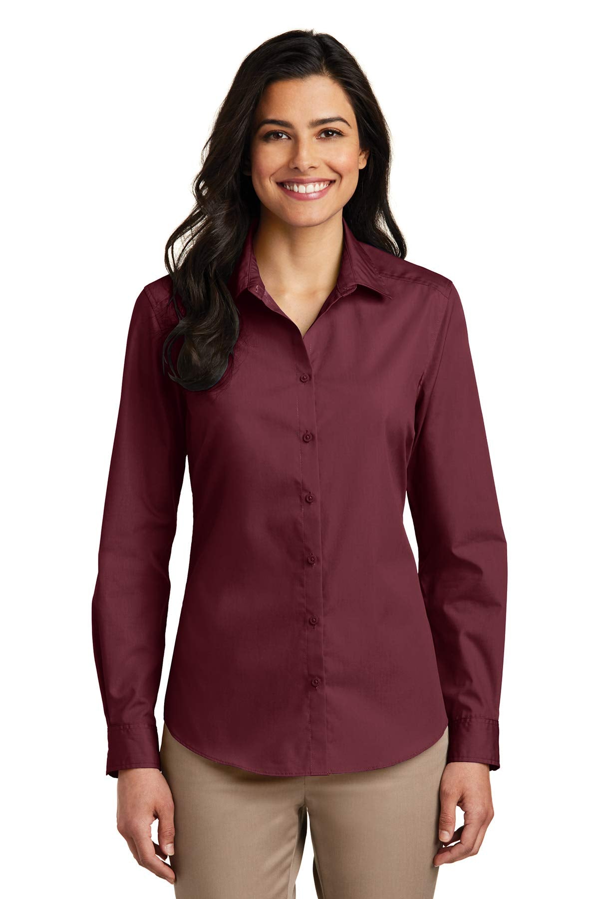 Port Authority Women's Long Sleeve Carefree Poplin Shirt, Burgundy, Medium